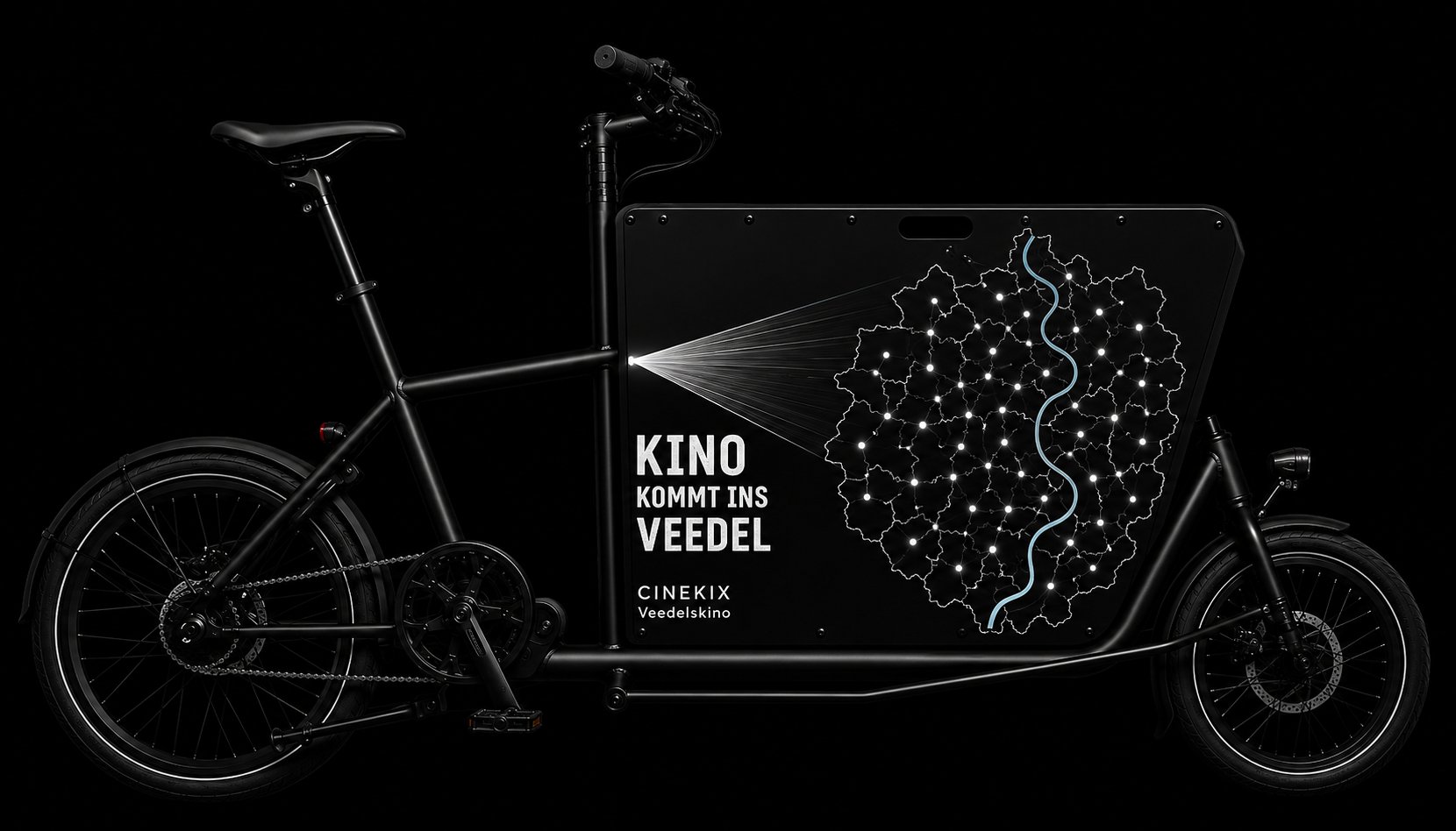 Lastenrad mit Kölner Stadtteile-Karte und Aufschrift: Kino kommt ins Veedel — CINEKIX Veedelskino